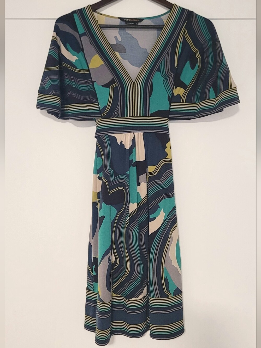 BCBGMaxAzria Abstract Print Flutter Sleeve Midi Dress Blue Teal Yellow